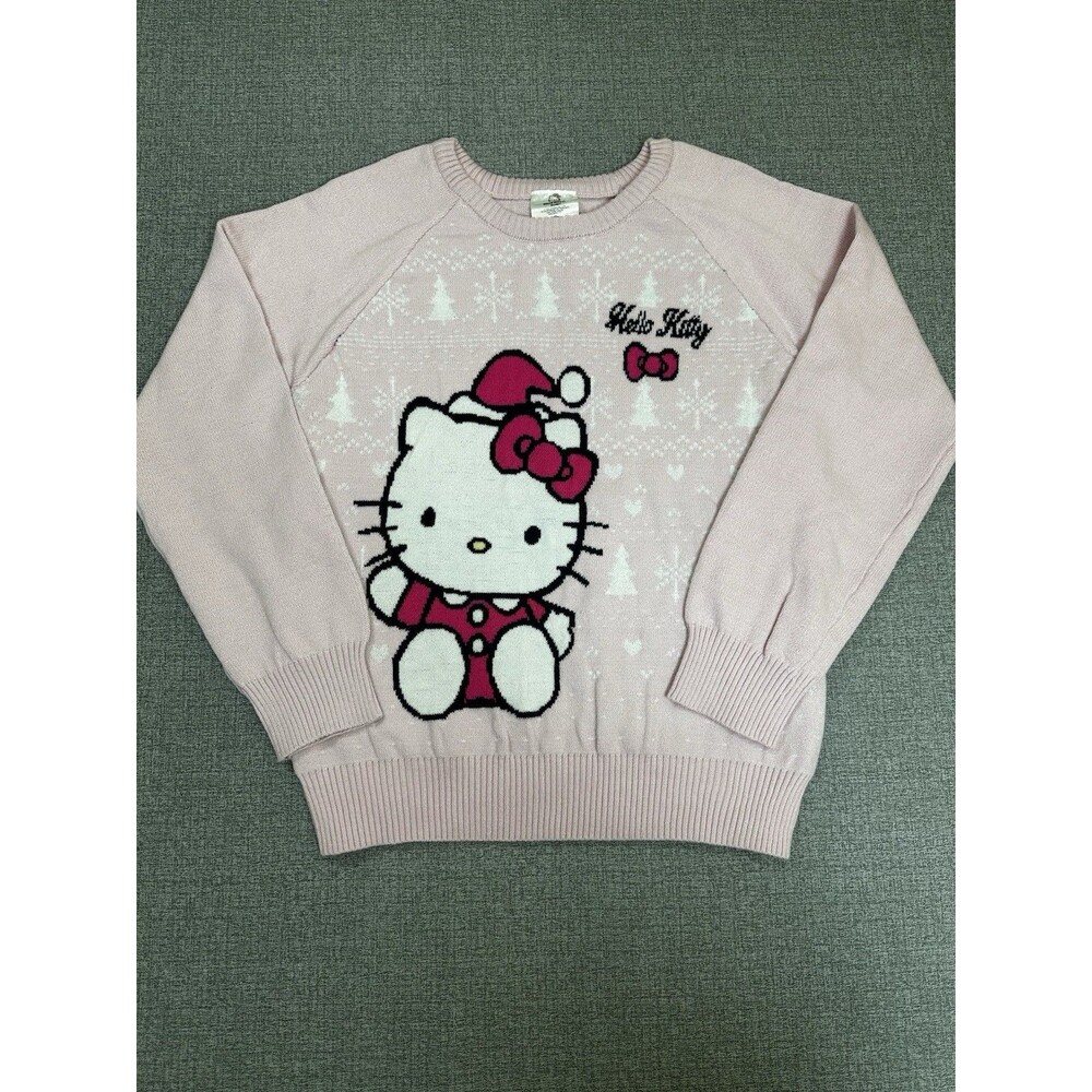 Hello Kitty Christmas Sweater Girls Pink Holiday Knit Sanrio Size L 14